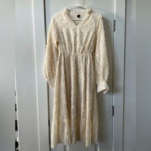 Shein Fuzzy Ruffle Hem Tie Neck Midi Creme Dress